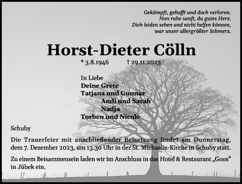  Traueranzeige für Horst-Dieter Cölln vom 04.12.2023 aus Schleswiger Nachrichten