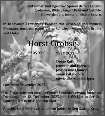 Traueranzeige von Horst Grohse von Flensburger Tageblatt