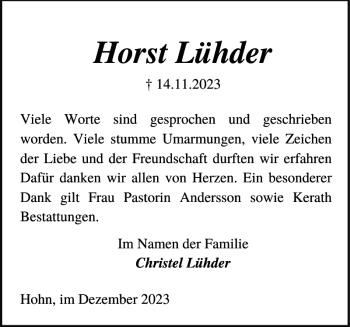 Traueranzeige von Horst Lühder von Landeszeitung