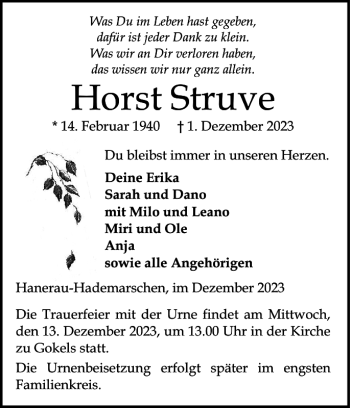 Traueranzeige von Horst Struve von Landeszeitung