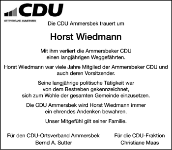 Traueranzeige von Horst Wiedmann von Stormarner Tageblatt