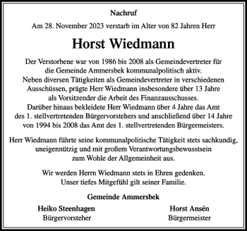 Traueranzeige von Horst Wiedmann von Stormarner Tageblatt