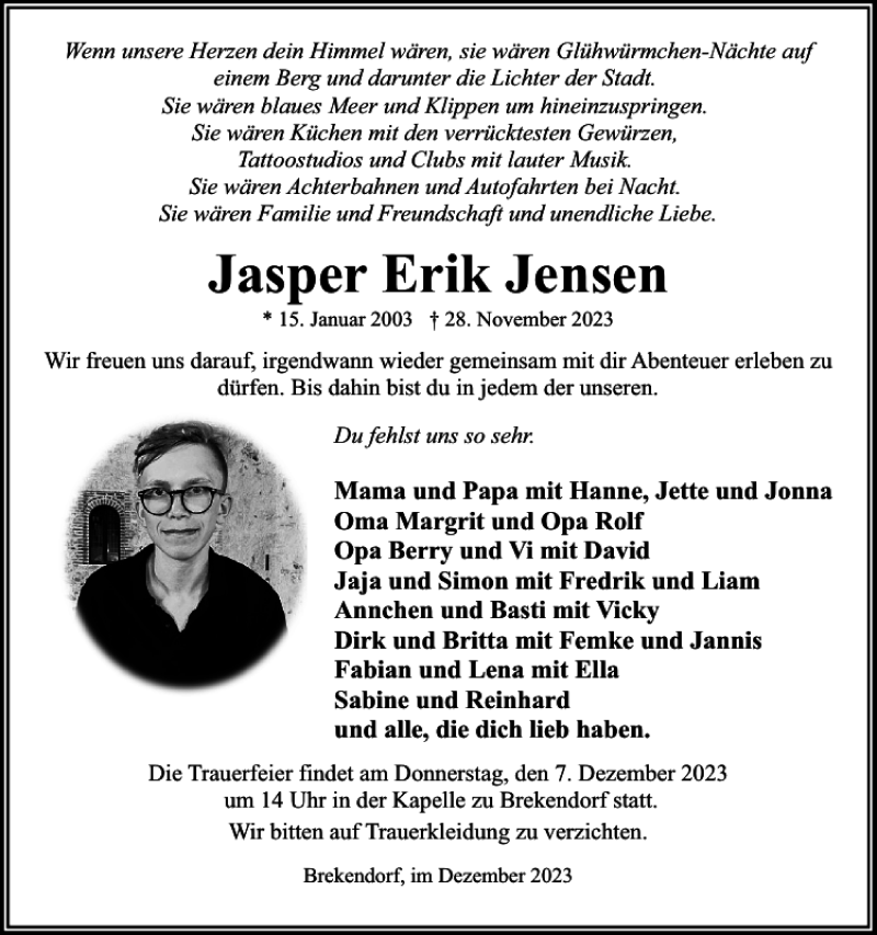  Traueranzeige für Jasper Erik Jensen vom 02.12.2023 aus Eckernförder Zeitung