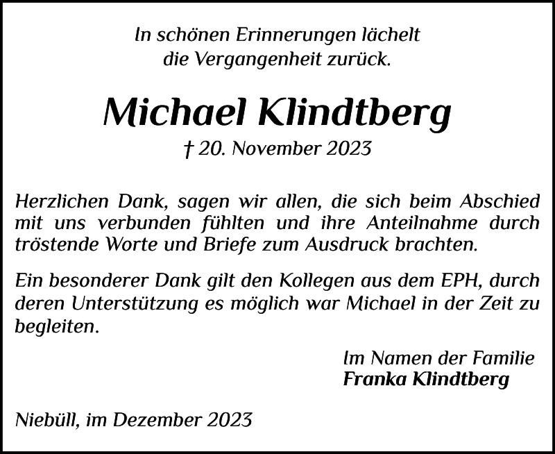  Traueranzeige für Michael Klindtberg vom 22.12.2023 aus Husumer Nachrichten