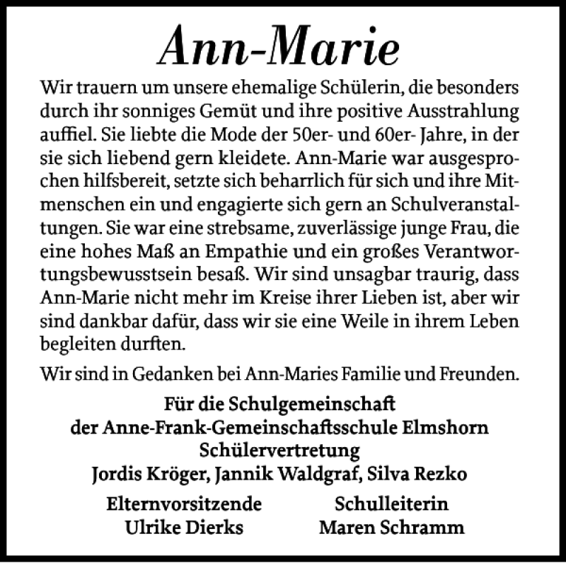  Traueranzeige für Ann-Marie Kyrath vom 04.02.2023 aus Elmshorner Nachrichten