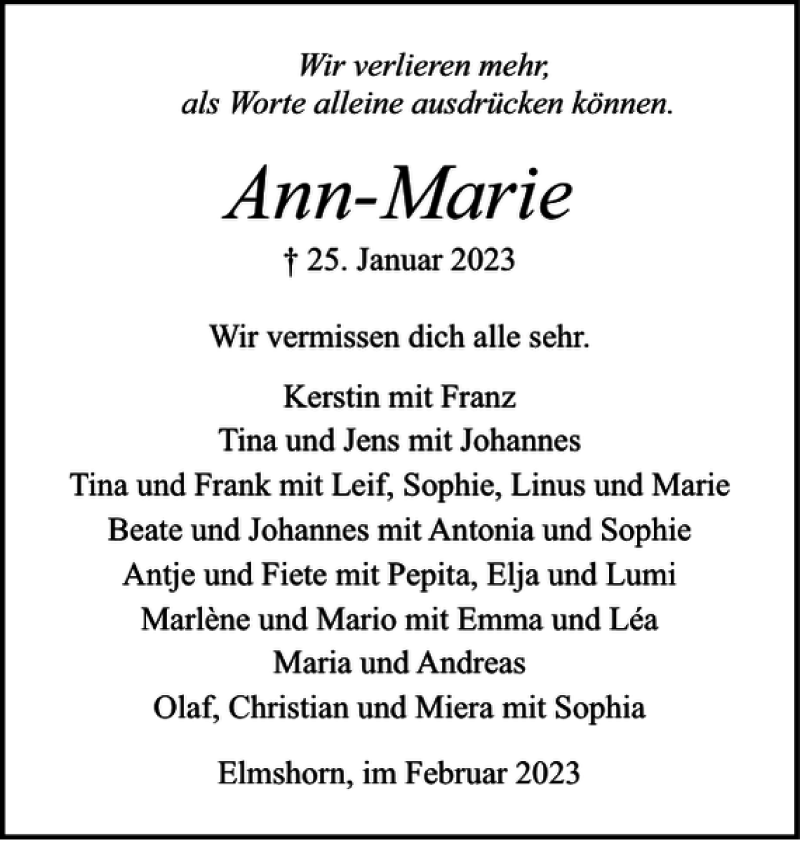  Traueranzeige für Ann-Marie Kyrath vom 04.02.2023 aus Elmshorner Nachrichten
