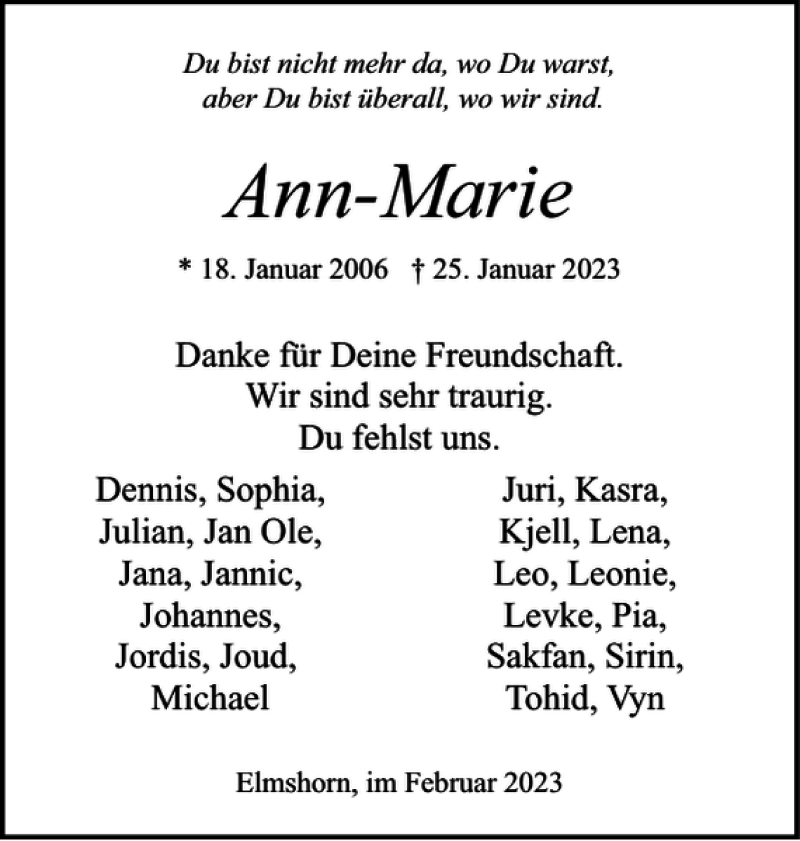  Traueranzeige für Ann-Marie Kyrath vom 04.02.2023 aus Elmshorner Nachrichten