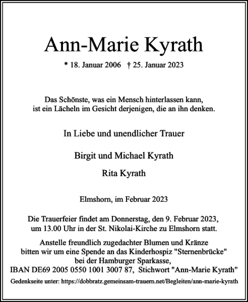  Traueranzeige für Ann-Marie Kyrath vom 04.02.2023 aus Elmshorner Nachrichten