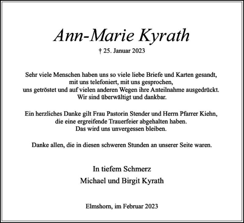  Traueranzeige für Ann-Marie Kyrath vom 25.02.2023 aus Elmshorner Nachrichten