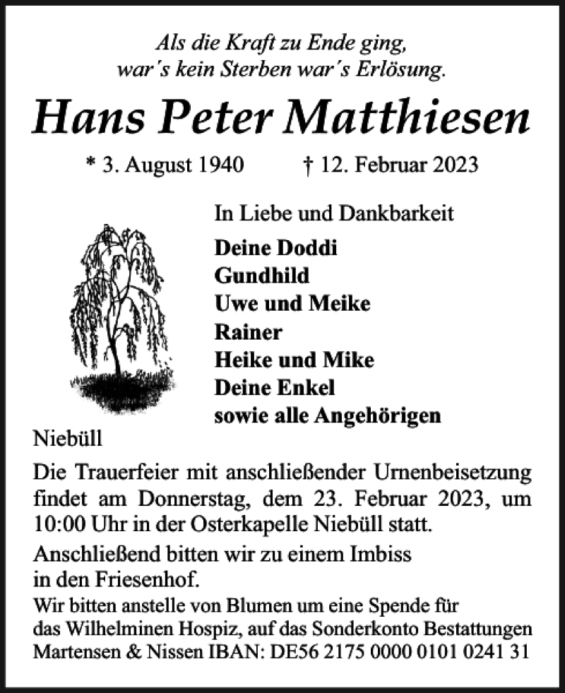  Traueranzeige für Hans Peter Matthiesen vom 18.02.2023 aus Nordfriesland Tageblatt