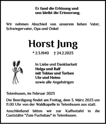 Traueranzeige von Horst Jung von Landeszeitung