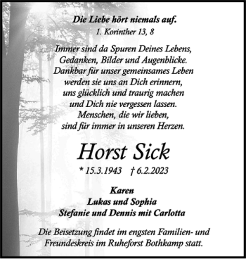 Traueranzeige von Horst Sick von Holsteinischer Courier