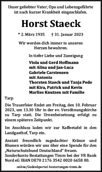 Traueranzeige von Horst Staeck von Flensburger Tageblatt