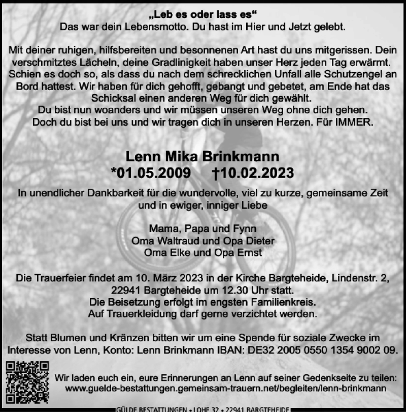  Traueranzeige für Lenn Mika Brinkmann vom 25.02.2023 aus Stormarner Tageblatt