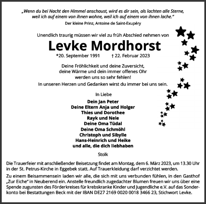  Traueranzeige für Levke Mordhorst vom 27.02.2023 aus Flensburger Tageblatt