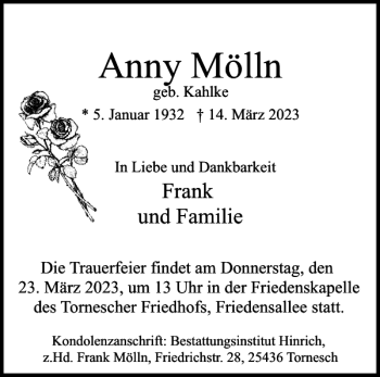Traueranzeige von Anny Mölln von Uetersener Nachrichten