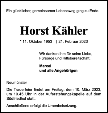 Traueranzeige von Horst Kähler von Holsteinischer Courier