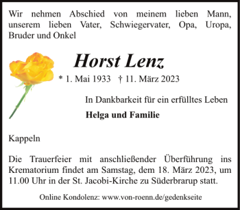 Traueranzeige von Horst Lenz von Flensburger Tageblatt