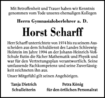 Traueranzeige von Horst Scharff von Ostholsteiner Anzeiger