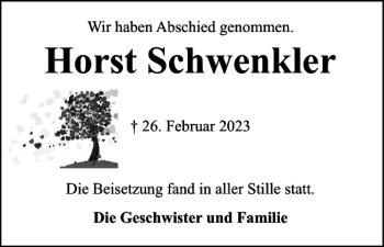 Traueranzeige von Horst Schwenkler von Flensburger Tageblatt