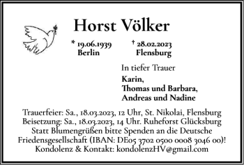 Traueranzeige von Horst Völker von Flensburger Tageblatt