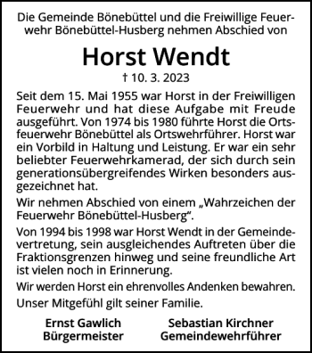Traueranzeige von Horst Wendt von Holsteinischer Courier