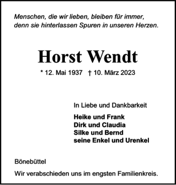 Traueranzeige von Horst Wendt von Holsteinischer Courier