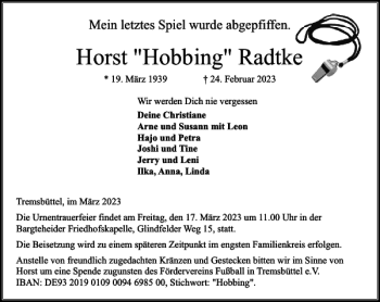 Traueranzeige von Horst Hobbing Radtke von Stormarner Tageblatt