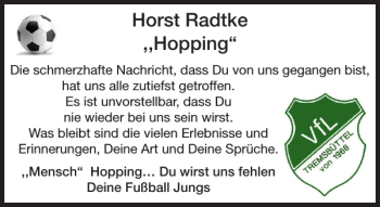 Traueranzeige von Horst Radtke Hopping von Stormarner Tageblatt