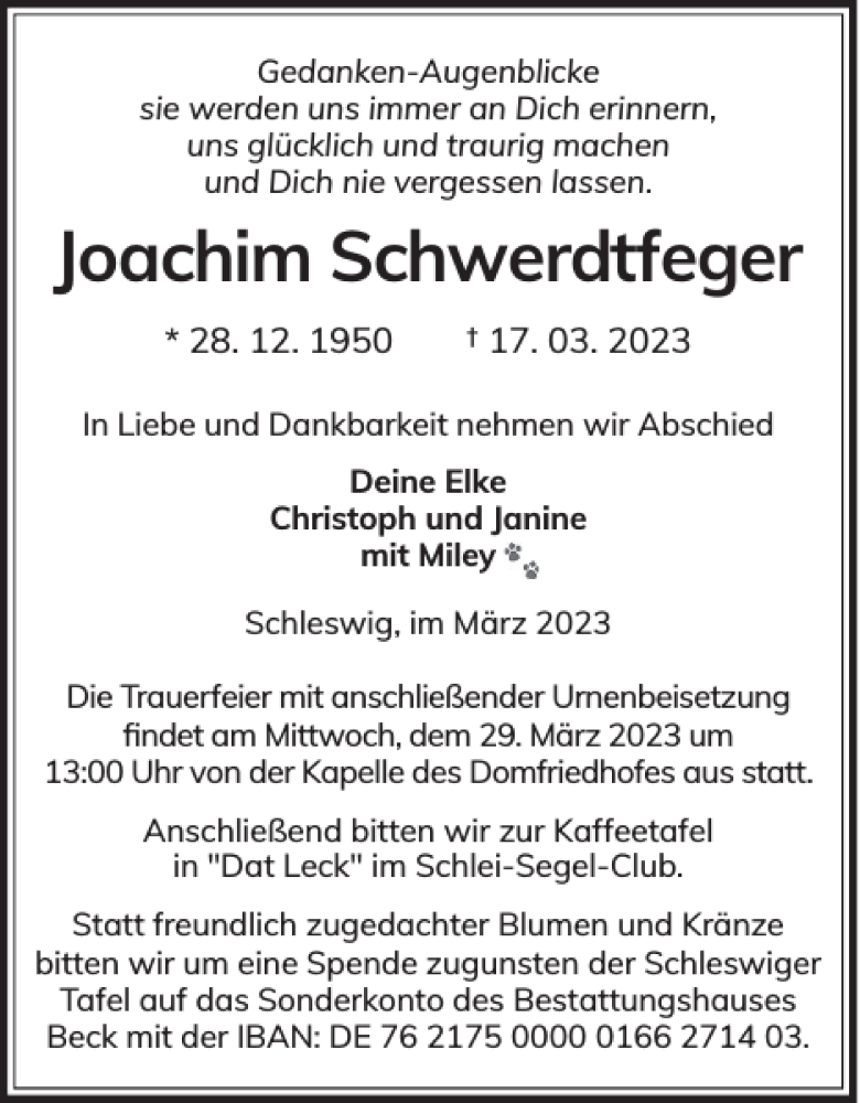  Traueranzeige für Joachim Schwerdtfeger vom 25.03.2023 aus Schleswiger Nachrichten