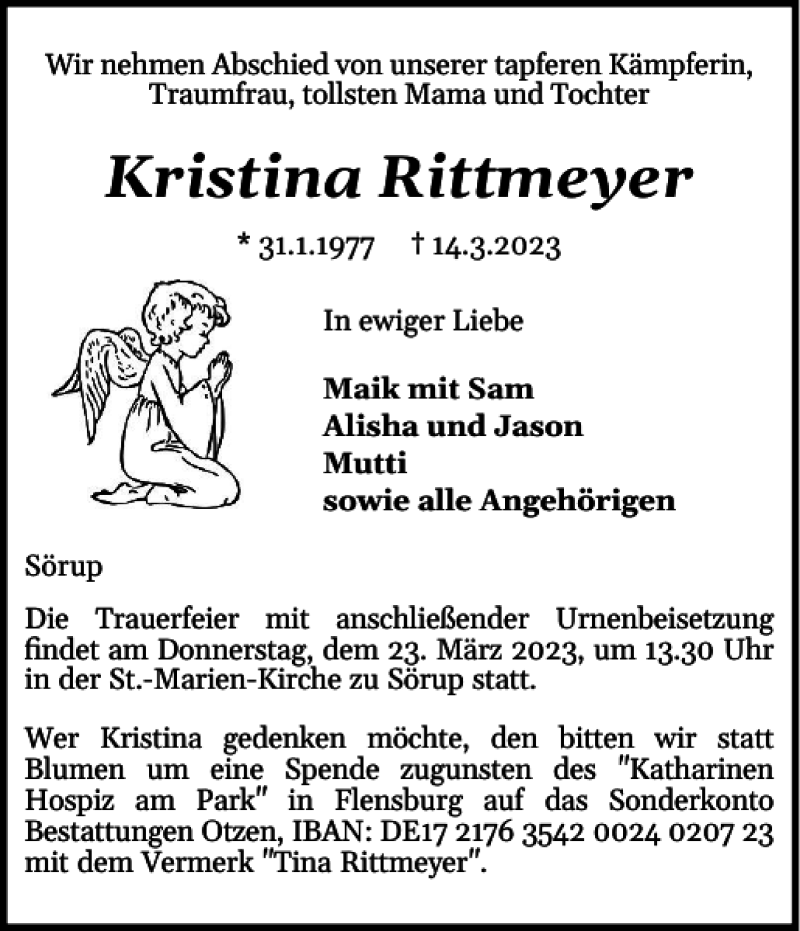  Traueranzeige für Kristina Rittmeyer vom 18.03.2023 aus Flensburger Tageblatt