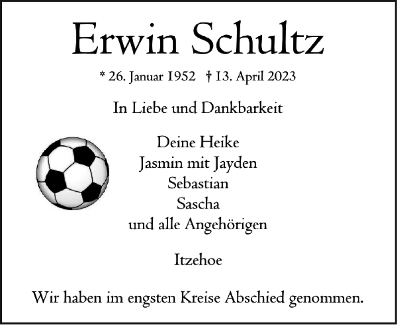  Traueranzeige für Erwin Schultz vom 22.04.2023 aus Norddeutsche Rundschau