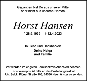 Traueranzeige von Horst Hansen von Holsteinischer Courier