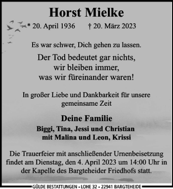 Traueranzeige von Horst Mielke von Stormarner Tageblatt