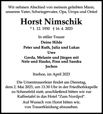 Traueranzeige von Horst Nimschik von Norddeutsche Rundschau