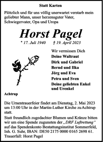 Traueranzeige von Horst Pagel von Nordfriesland Tageblatt