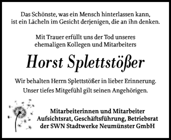 Traueranzeige von Horst Splettstößer von Holsteinischer Courier