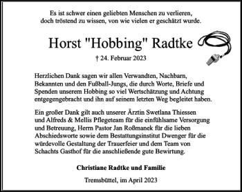 Traueranzeige von Horst Hobbing Radtke von Stormarner Tageblatt