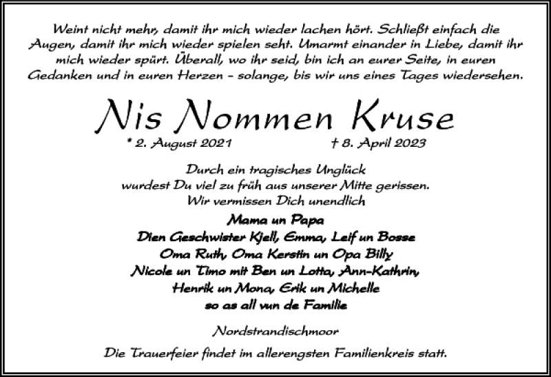  Traueranzeige für Nis Nommen Kruse vom 14.04.2023 aus Husumer Nachrichten