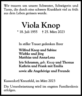 Traueranzeige von Viola Knop von Ostholsteiner Anzeiger
