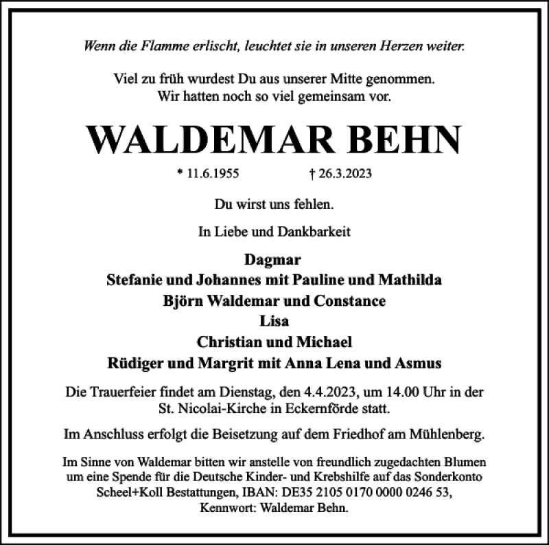  Traueranzeige für WALDEMAR BEHN vom 01.04.2023 aus Flensburger Tageblatt