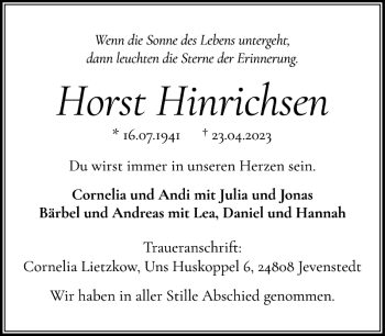 Traueranzeige von Horst Hinrichsen von Eckernförder Zeitung
