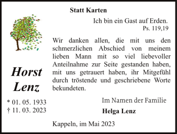 Traueranzeige von Horst Lenz von Flensburger Tageblatt