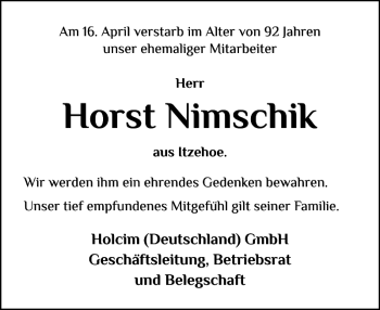 Traueranzeige von Horst Nimschik von Norddeutsche Rundschau