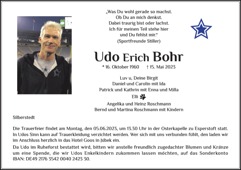  Traueranzeige für Udo Bohr vom 27.05.2023 aus Flensburger Tageblatt