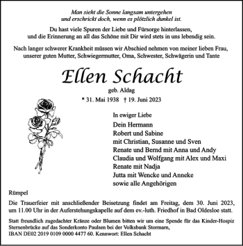 Traueranzeige von Ellen Schacht von Stormarner Tageblatt