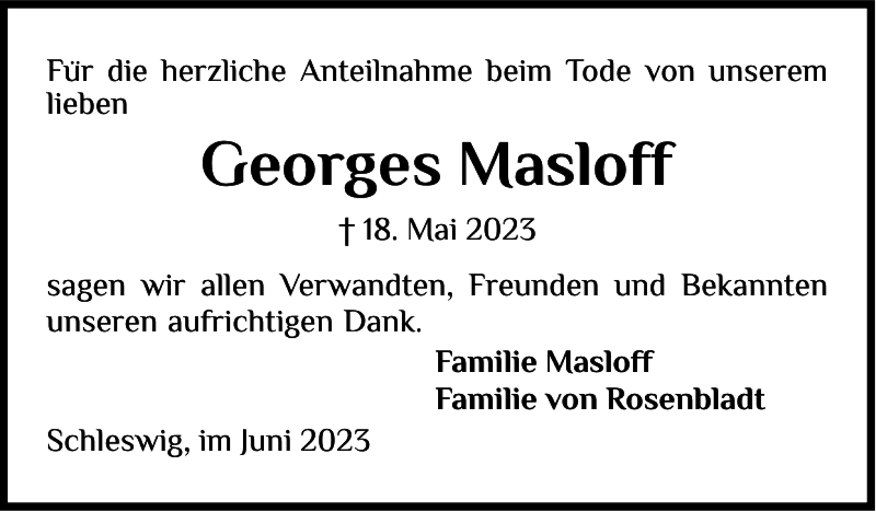  Traueranzeige für Georges Masloff vom 20.06.2023 aus Schleswiger Nachrichten