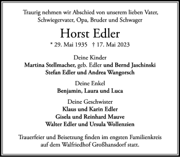 Traueranzeige von Horst Edler von Stormarner Tageblatt
