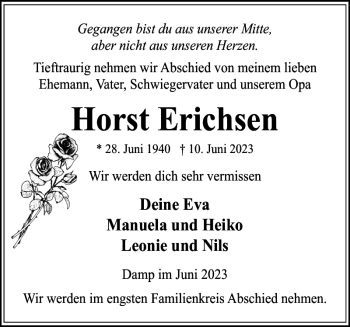 Traueranzeige von Horst Erichsen von Eckernförder Zeitung