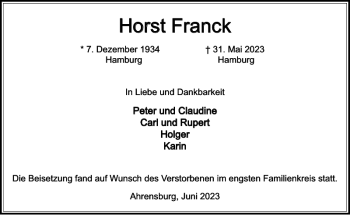 Traueranzeige von Horst Franck von Stormarner Tageblatt